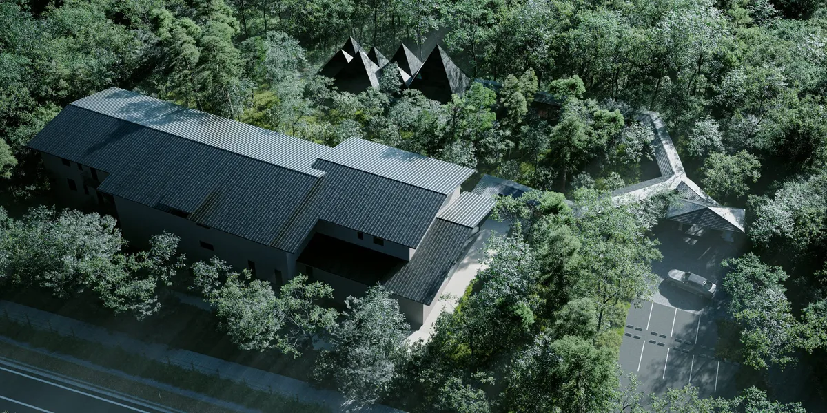 豊かな森に囲まれたホテルの俯瞰景