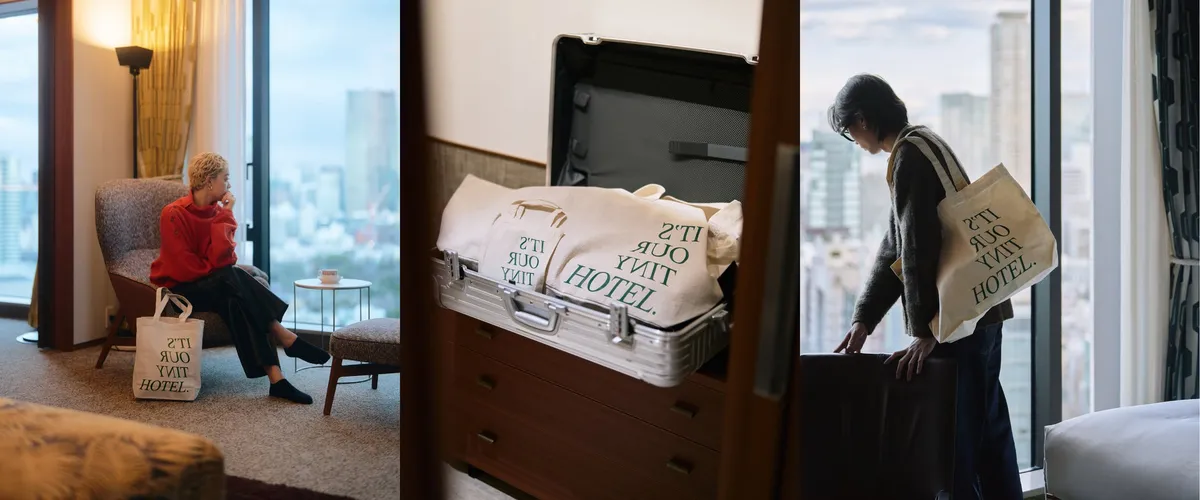 ホテル客室内や旅のシーンで活用されるコラボトートバッグのイメージ