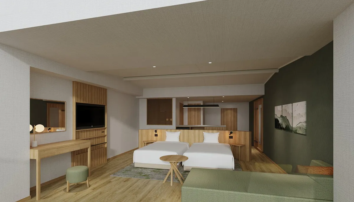 サンドグレージュと無垢材が調和する新客室「渓流スーペリアツイン」のインテリア