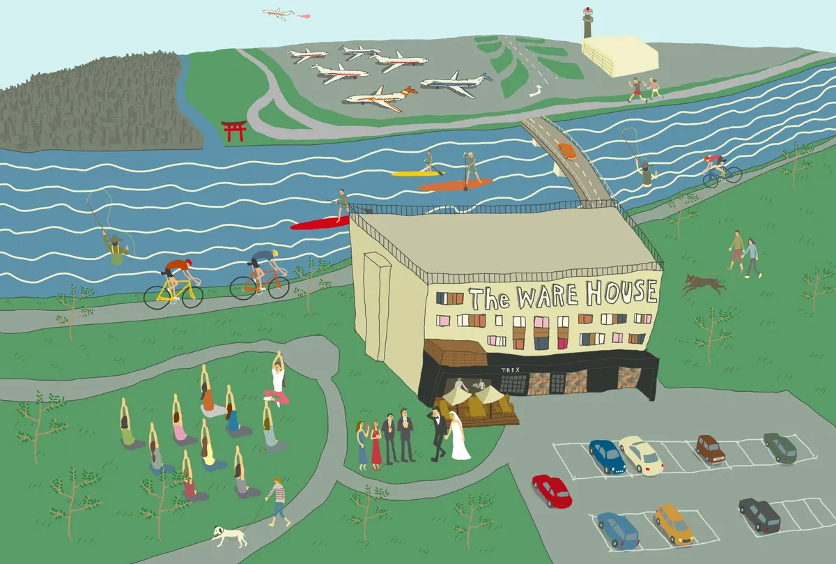 ホテル周辺でのヨガやサイクリング、羽田空港の風景を描いたコンセプトイラスト