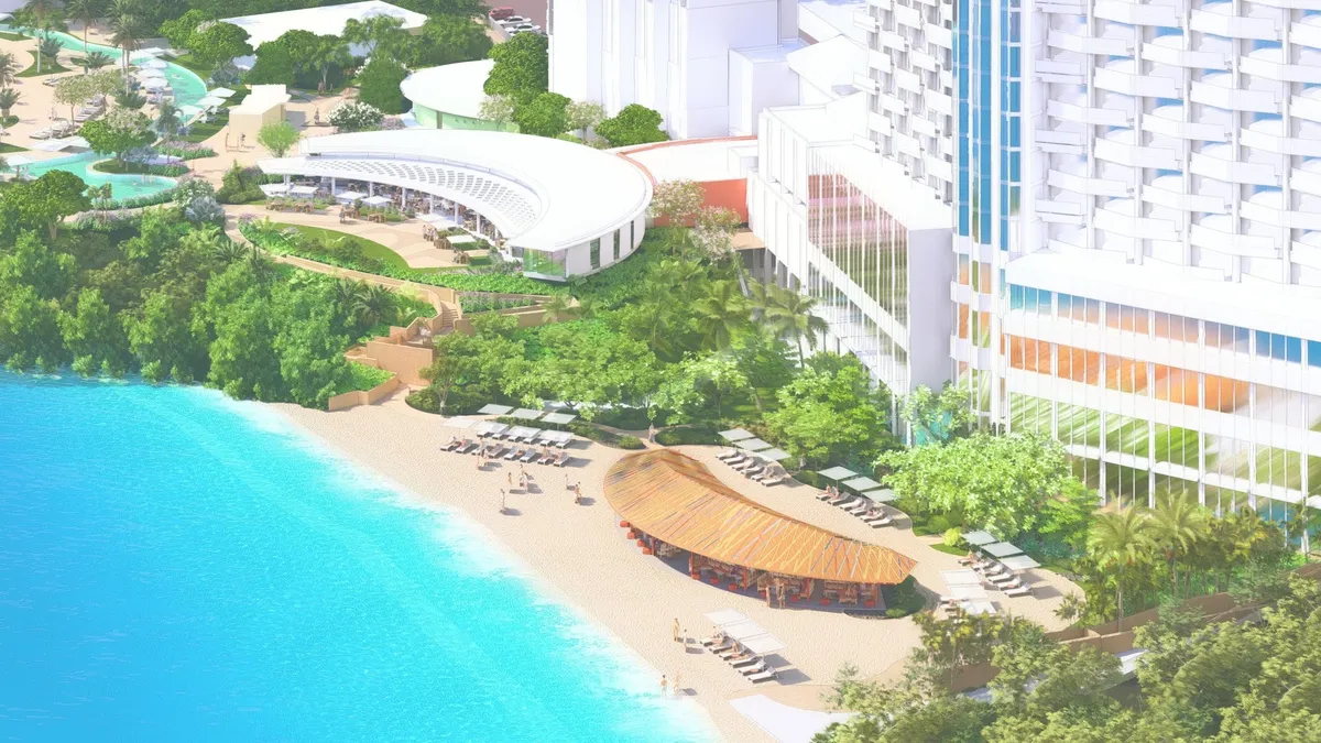 リゾナーレグアムのビーチクラブ全景。海沿いに新設される施設と美しい海岸線が一望できる。