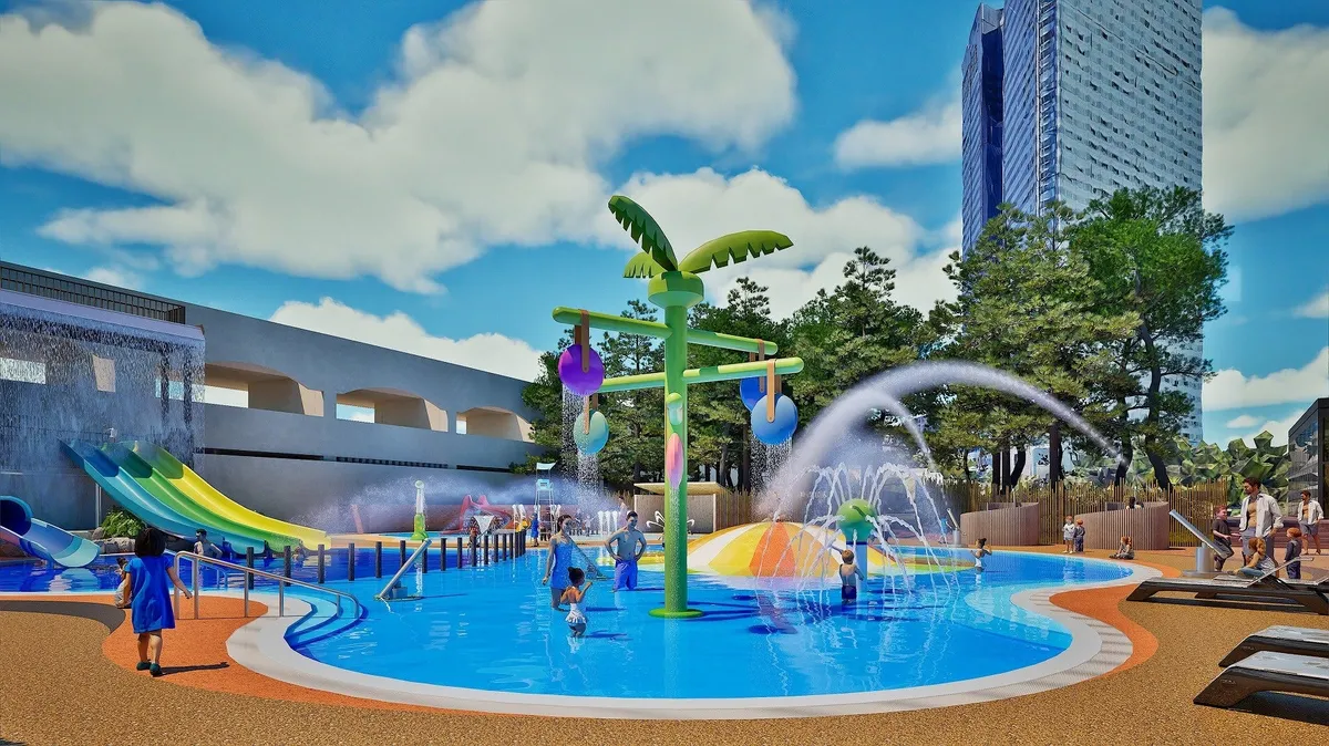 新設されるスプラッシュエリアの全景。多彩な遊具と開放的なプールが広がります。
