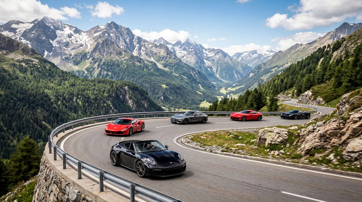 アルプスの険しい峠道を走行するスポーツカーの列