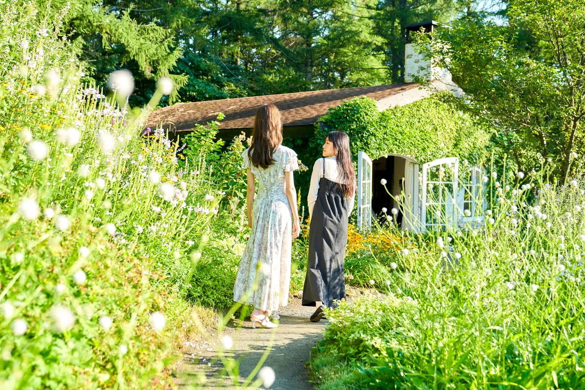 色鮮やかな花々が咲き誇る風のガーデンの小道