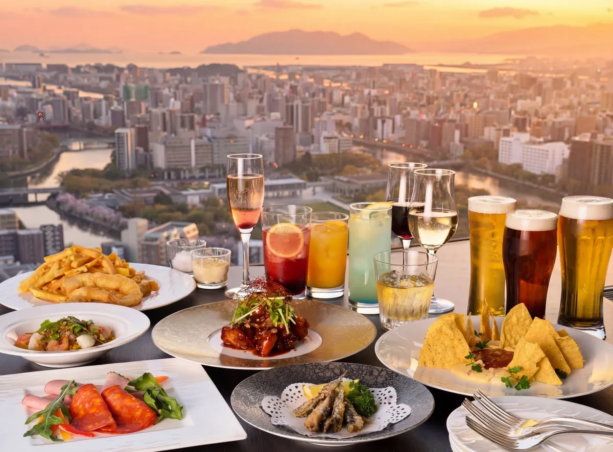 夕景を望むレストランでの豪華な料理とドリンクの数々