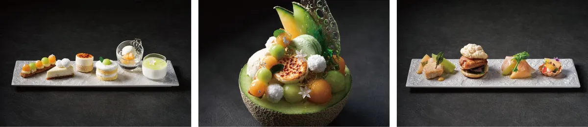 美しく並んだメロンのプティフールとスイーツプレート