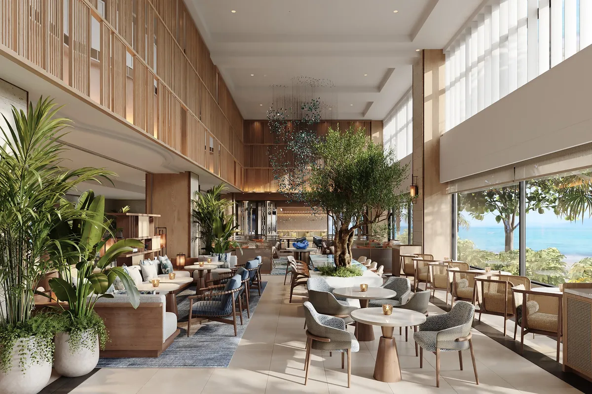 高い天井と大きな窓が特徴的な開放感あふれるロビーラウンジ