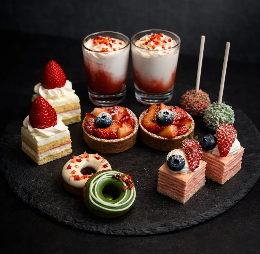色鮮やかな苺のタルトや抹茶ドーナツなどのスイーツ詳細