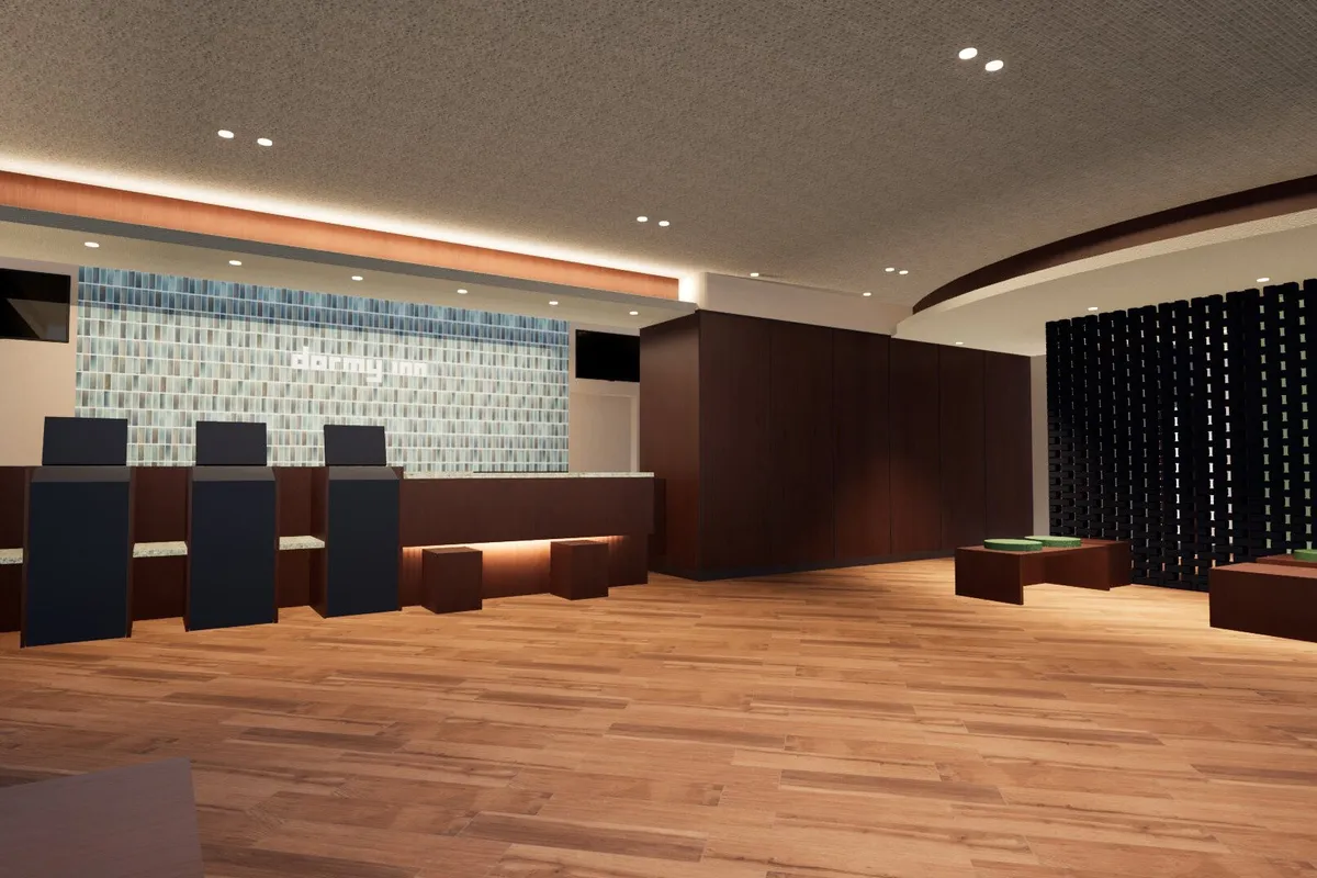 モダンで温かみのあるロビーとフロントデスク