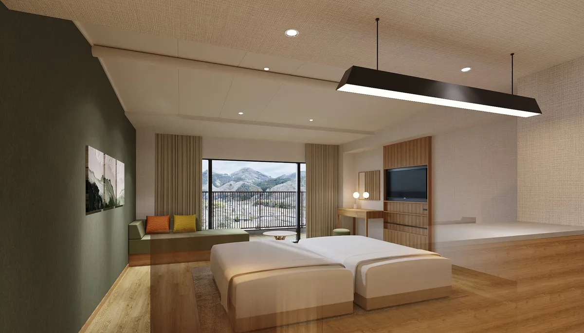 客室の大きな窓から望む茨城の豊かな里山風景とマウンテンビュー