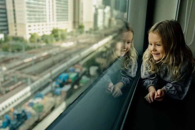客室の窓から電車を眺める子供の様子