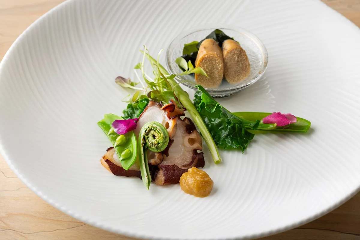 蛸や春の山菜を美しく盛り付けた前菜