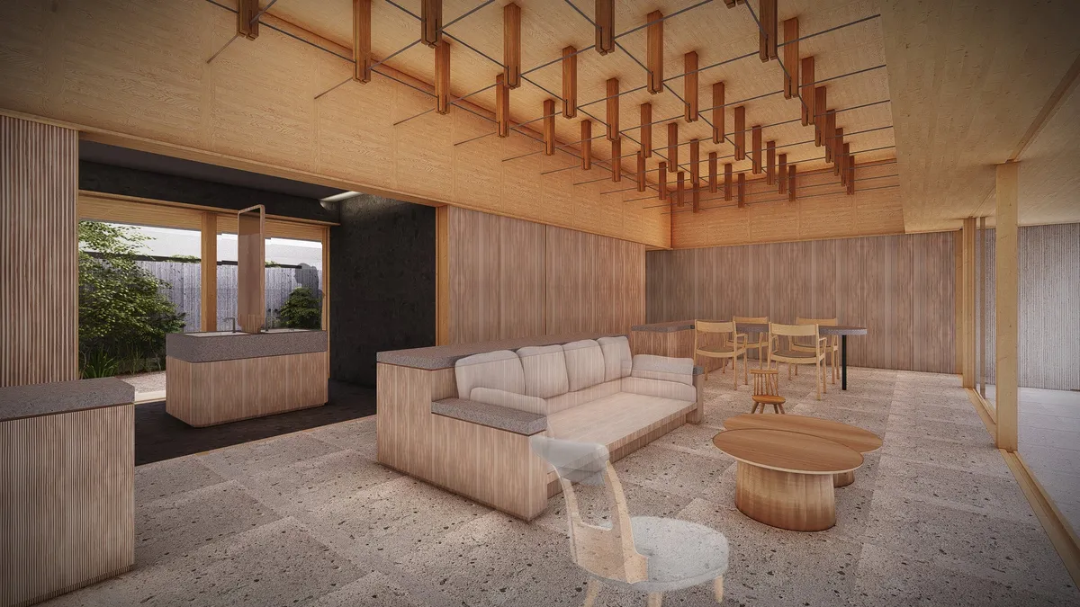 木の温もりを感じるモダンで開放的なリビングルーム