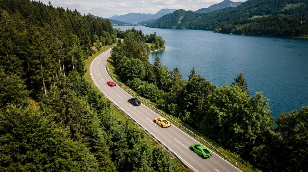 美しい湖畔のルートを走るスポーツカーの俯瞰風景