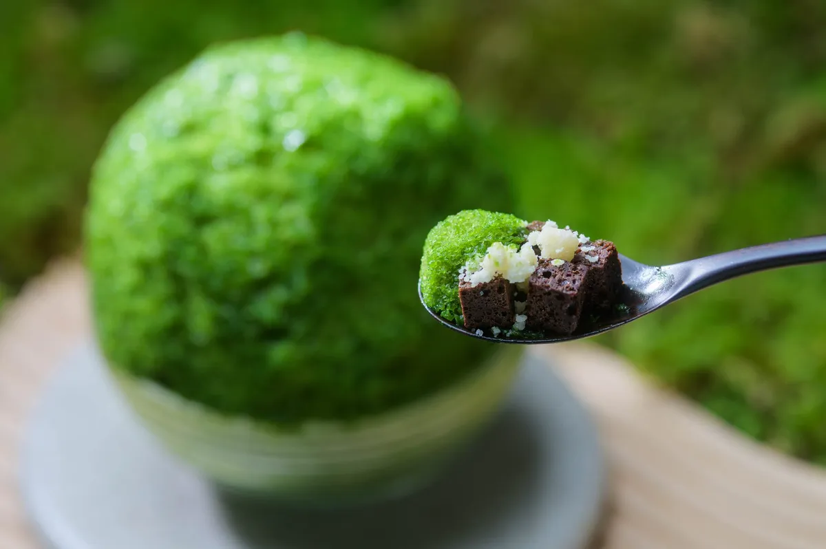 かき氷の中から現れる濃厚なブラウニーとクランブル