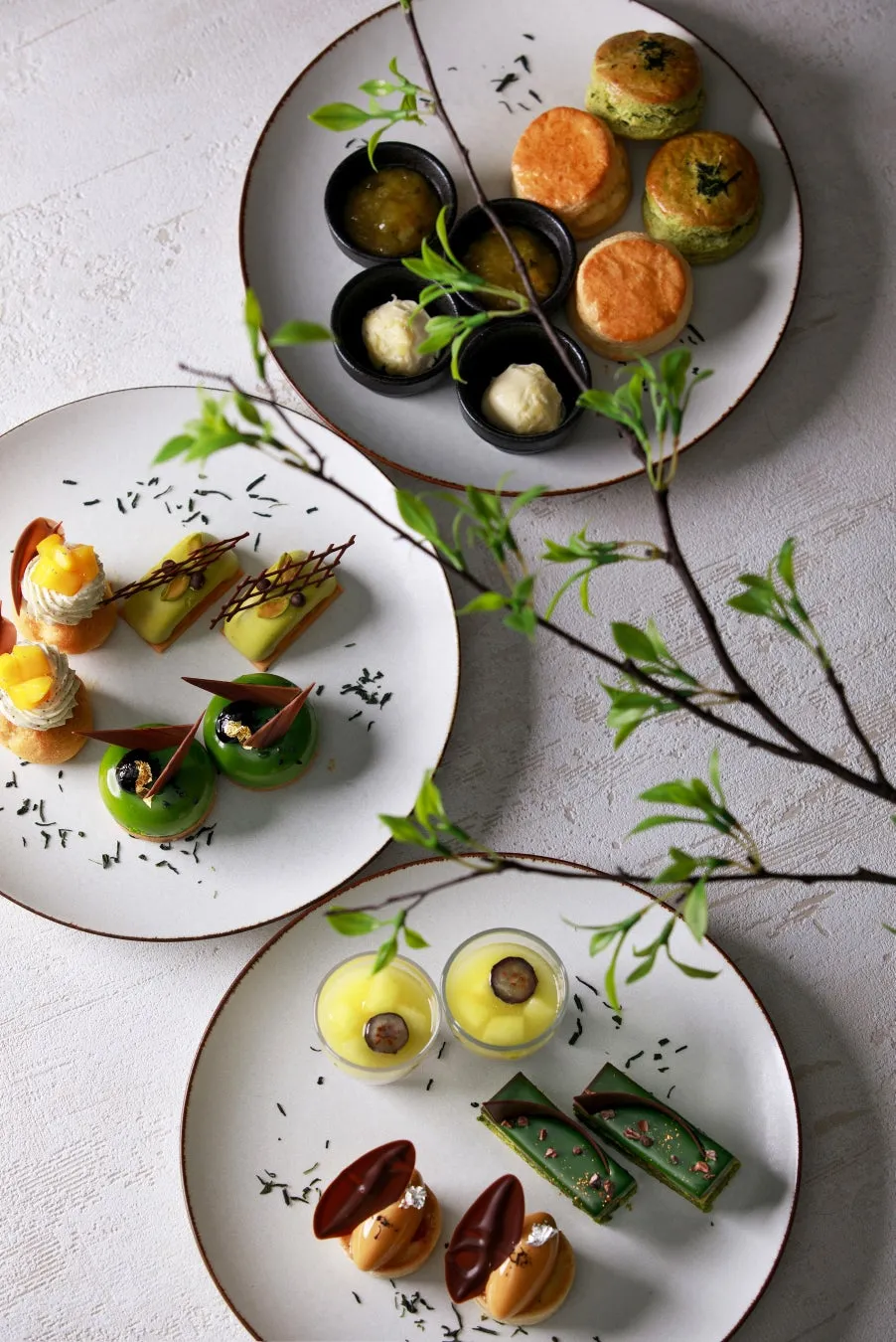 抹茶ムースやタルトなどのスイーツプレート