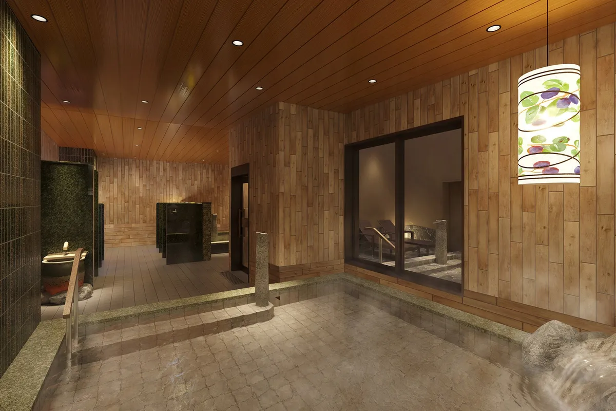 木目調の壁面が美しい天然温泉大浴場の内湯