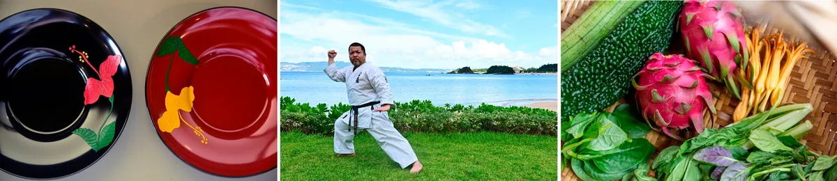 沖縄の伝統工芸品である漆器、海辺での空手体験、そして鮮やかな島野菜のコラージュ