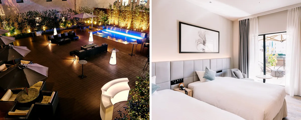 夜のテラスとモダンで落ち着いた雰囲気の客室