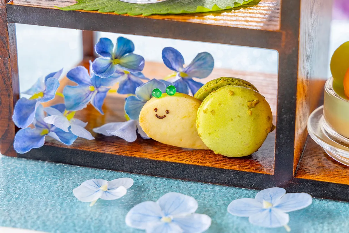紫陽花に寄り添うカタツムリをモチーフにした、愛らしい表情のマカロン。
