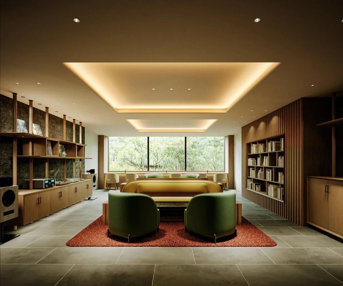 レコードプレーヤーや書籍が並ぶ上質なラウンジ