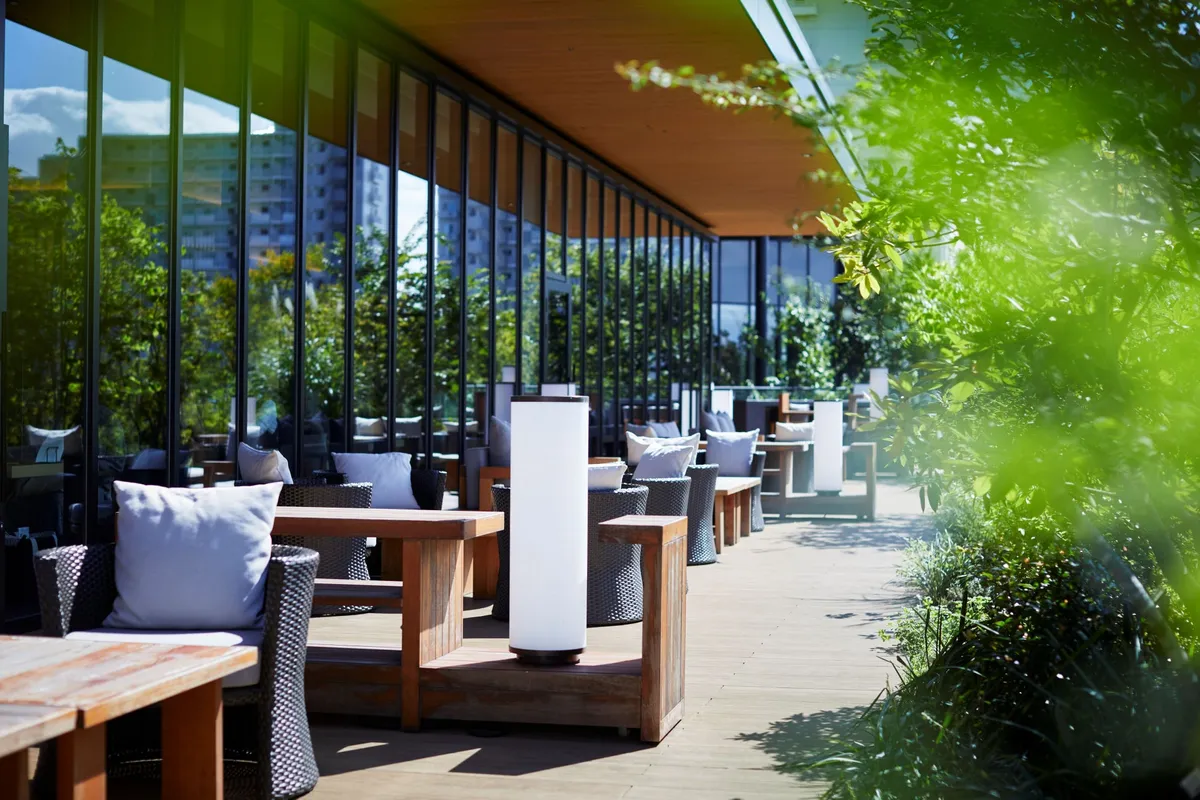 昭和記念公園の緑を望む開放的なテラス席の風景