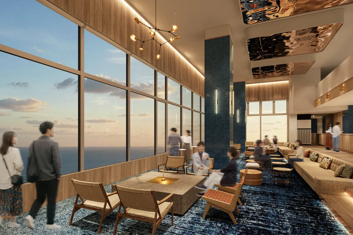 大きな窓から海を一望できる開放的なオーシャンビューラウンジ