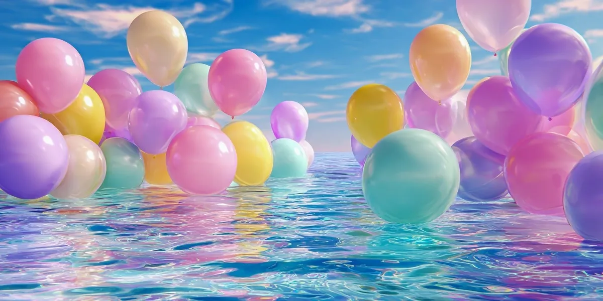 水面に浮かぶカラフルなバルーンが幻想的なドロップ＆フライのイメージ。