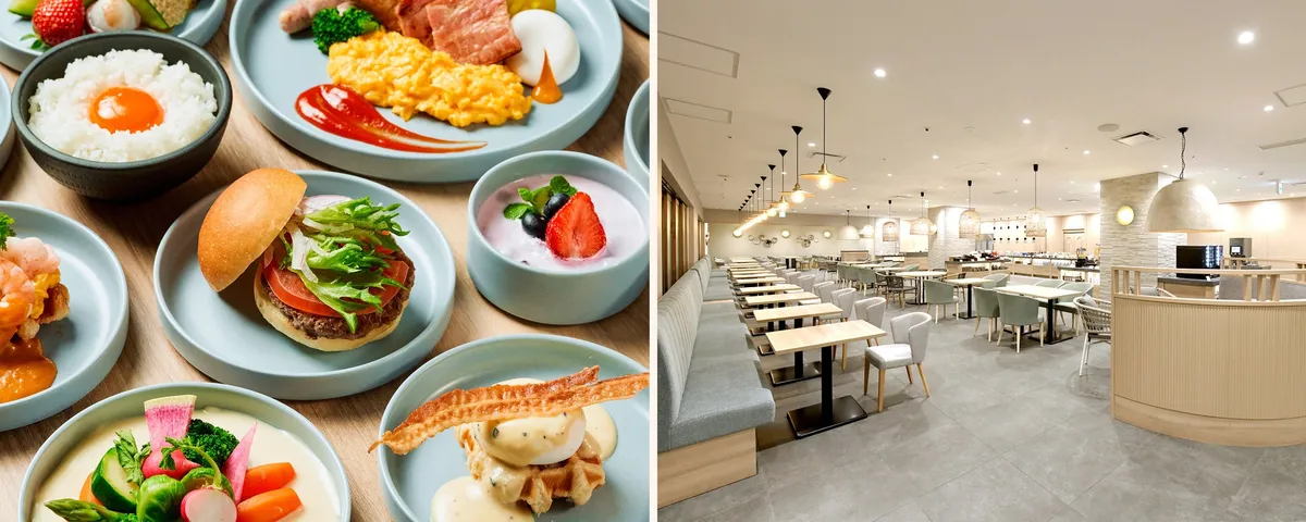 明るく開放的なレストランと多彩な料理の数々