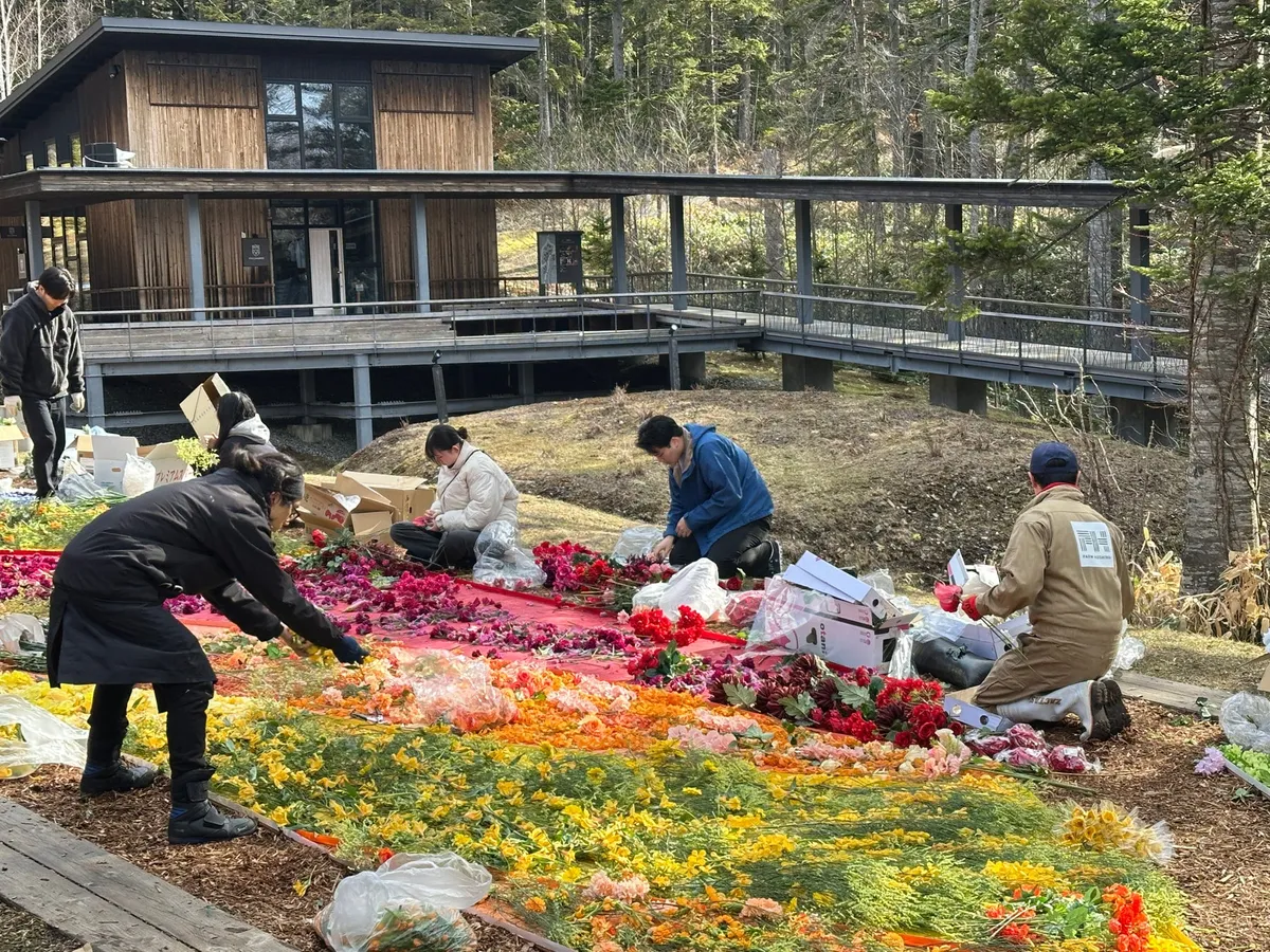 色とりどりの花びらをスタッフが手作業で丁寧に並べている制作風景