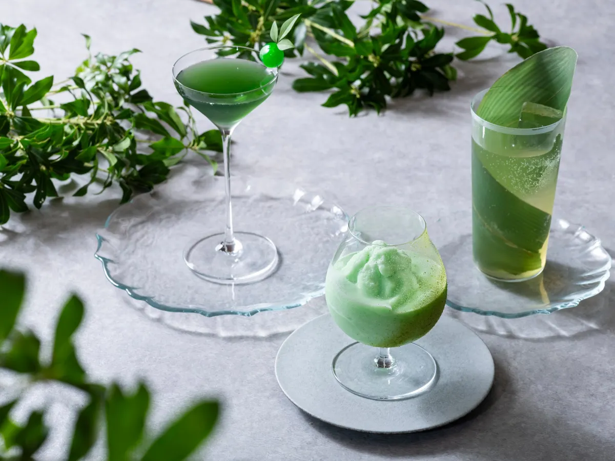 抹茶を使用した緑が鮮やかな3種類のシーズナルカクテルとノンアルコールカクテル