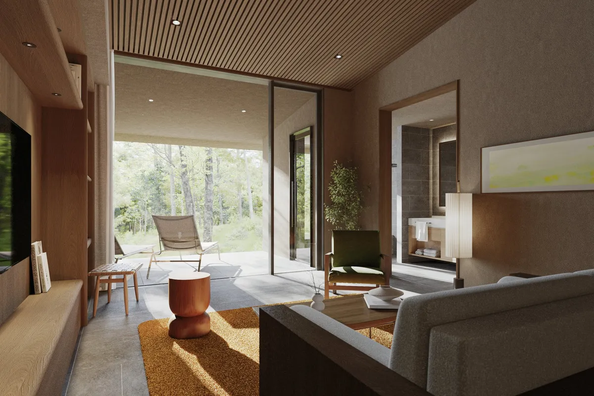 森を望む開放的なリビングルーム