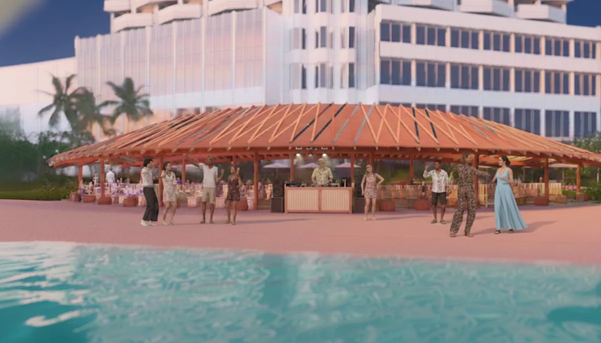 夜のビーチハウスでのパーティーシーン。ライトアップされた空間でDJの音楽とダンスを楽しむ人々。