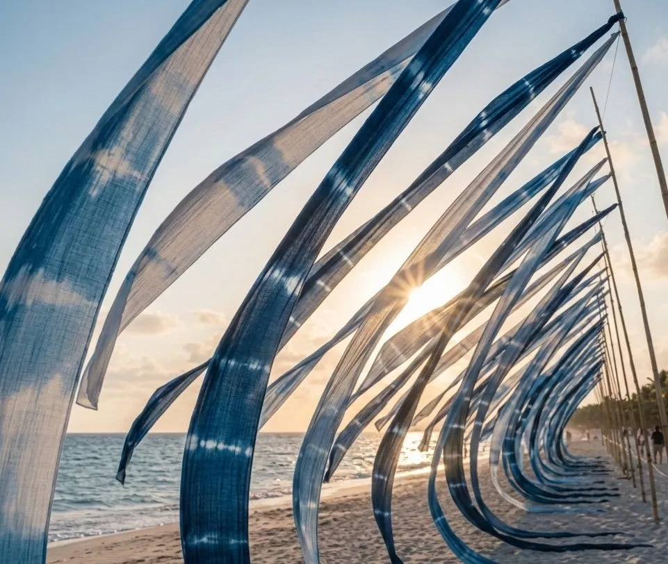 ビーチに展示された美しい阿波藍のアート