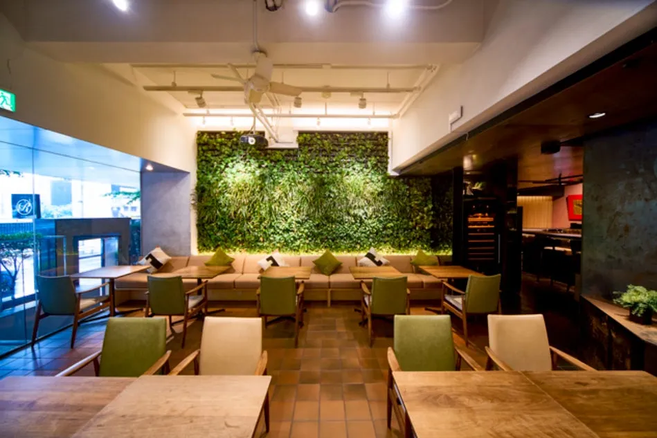 壁面のグリーンが印象的なCOCONOMAの店内。落ち着いたテーブル席が広がる。