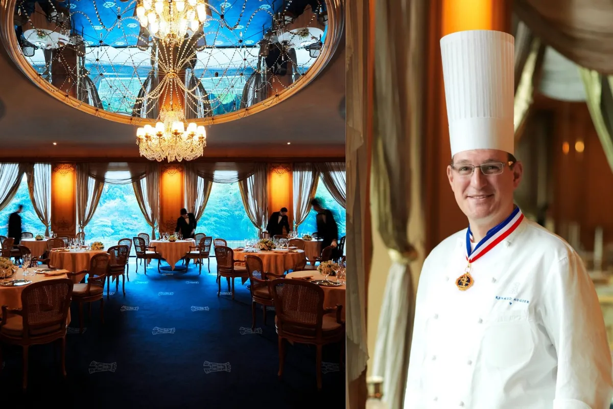 豪華なシャンデリアが輝くダイニングとルノー・オージエ氏