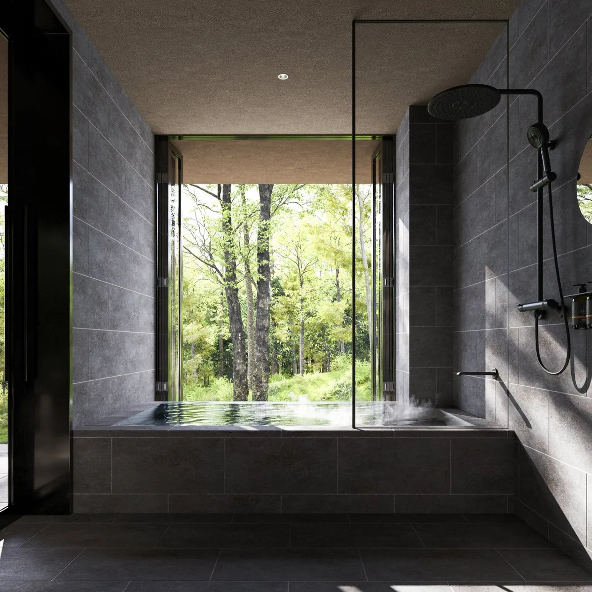森の緑を目の前に望む石造りのバスルーム