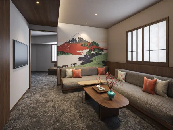 富士山の壁画が印象的なリビング