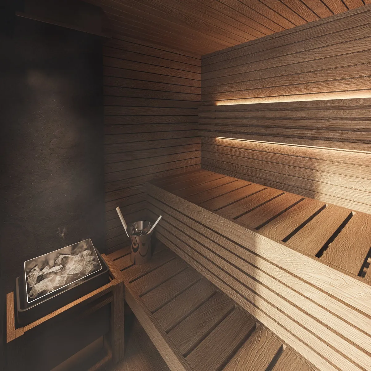 木材の温もりに包まれた本格的なサウナルーム