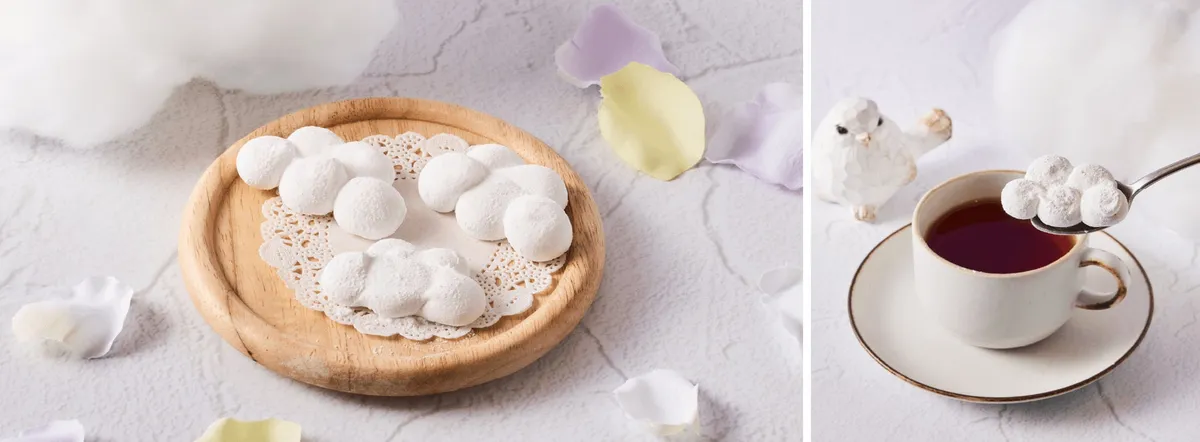 雲の形をした白いギモーヴと紅茶