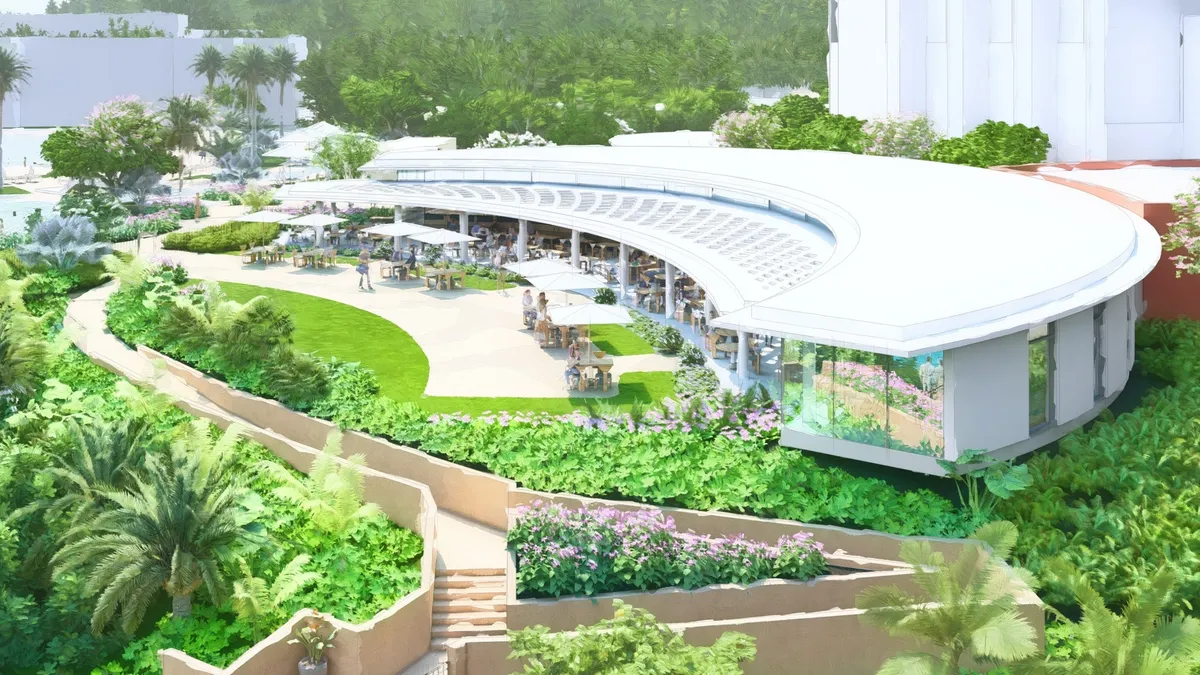 新設されるオールデイダイニング CHOCHOの外観。周囲の緑と調和する白い円形の建物。