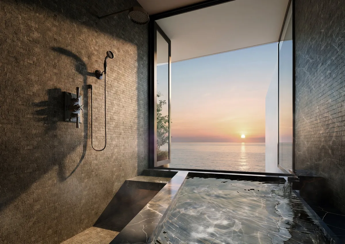 夕日を望む開放的な半露天温泉のビューバス