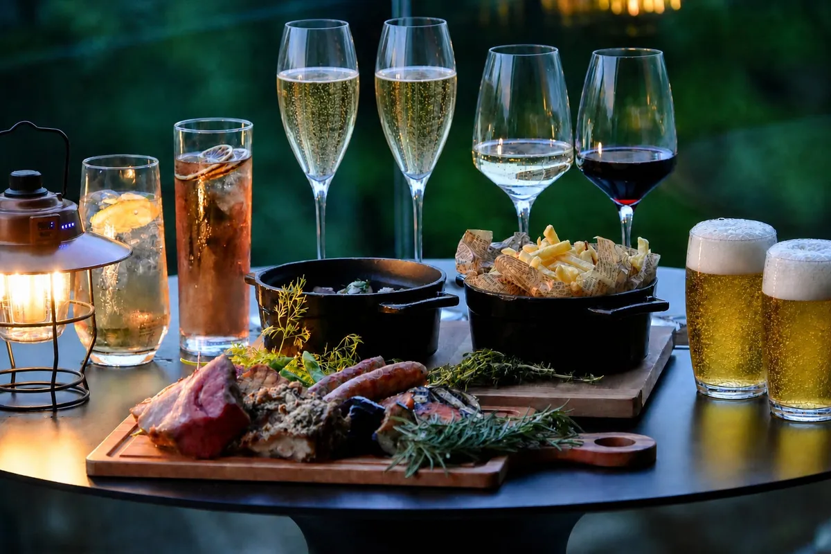 夜のテラスで楽しむ豪華なグリル料理と多彩なドリンクのセット