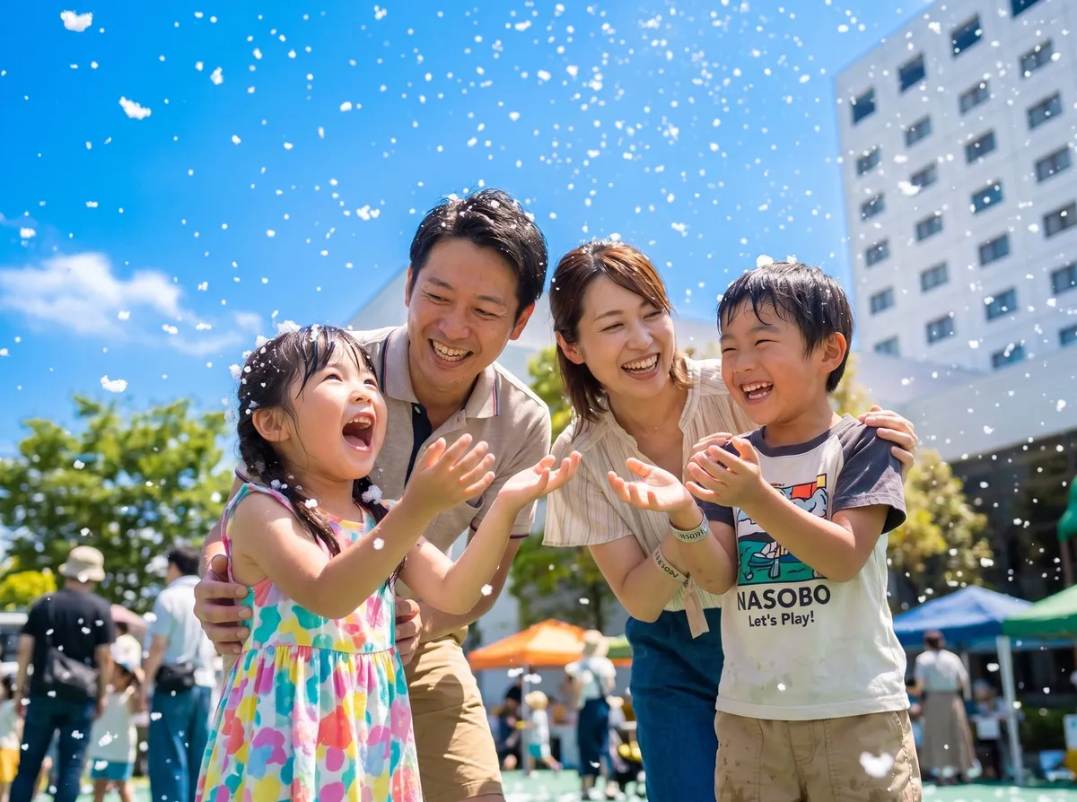 舞い散る雪に笑顔を見せる家族