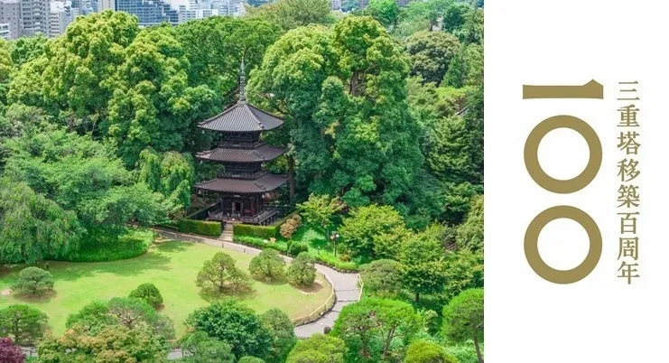 豊かな緑に囲まれた三重塔と広大な庭園の全景