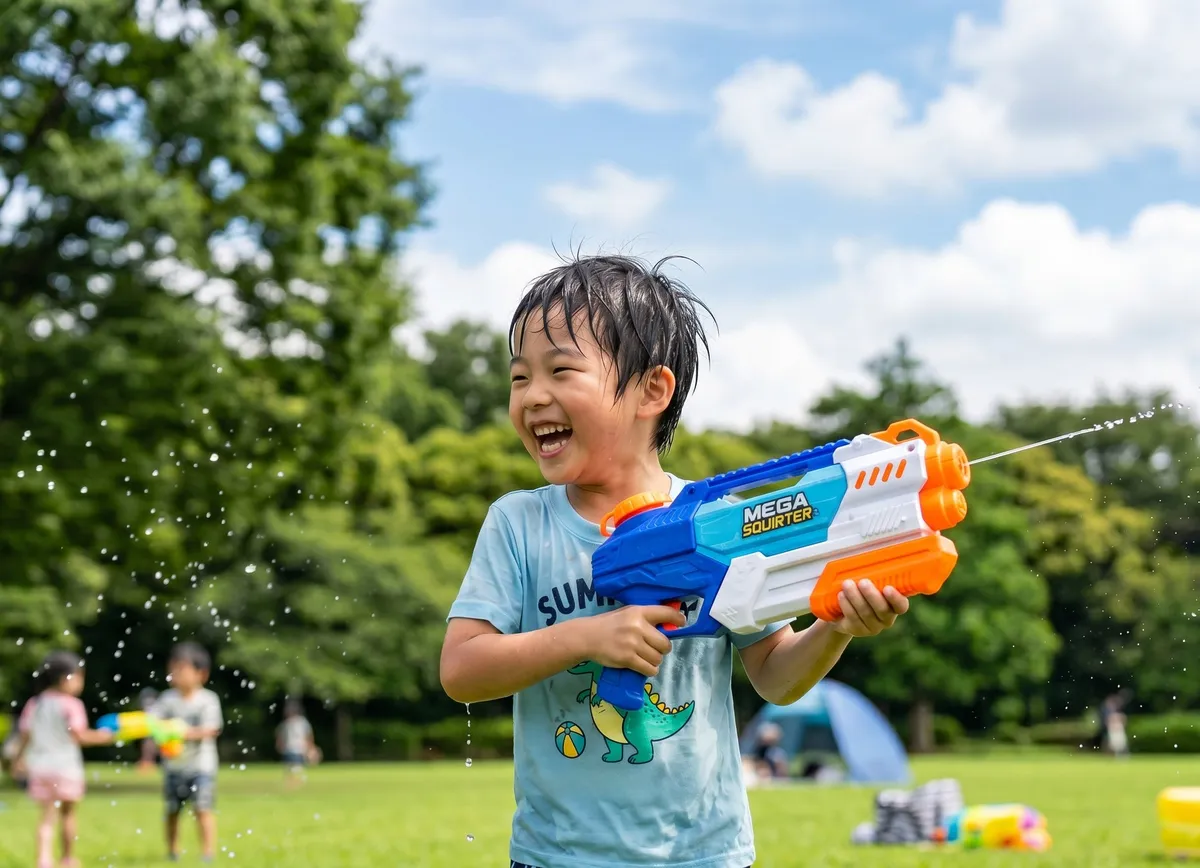 芝生で大きな水鉄砲を持って遊ぶ男の子