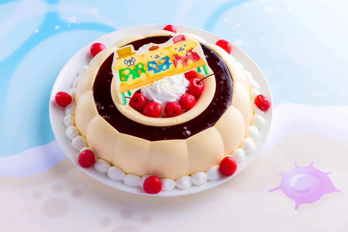 サンリオキャラクターたちが描かれた大きなカスタードプリン風のケーキ