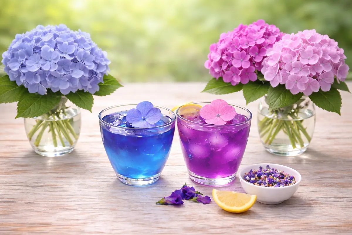 バタフライピーを使った鮮やかな青と紫のあじさい色のソーダドリンク