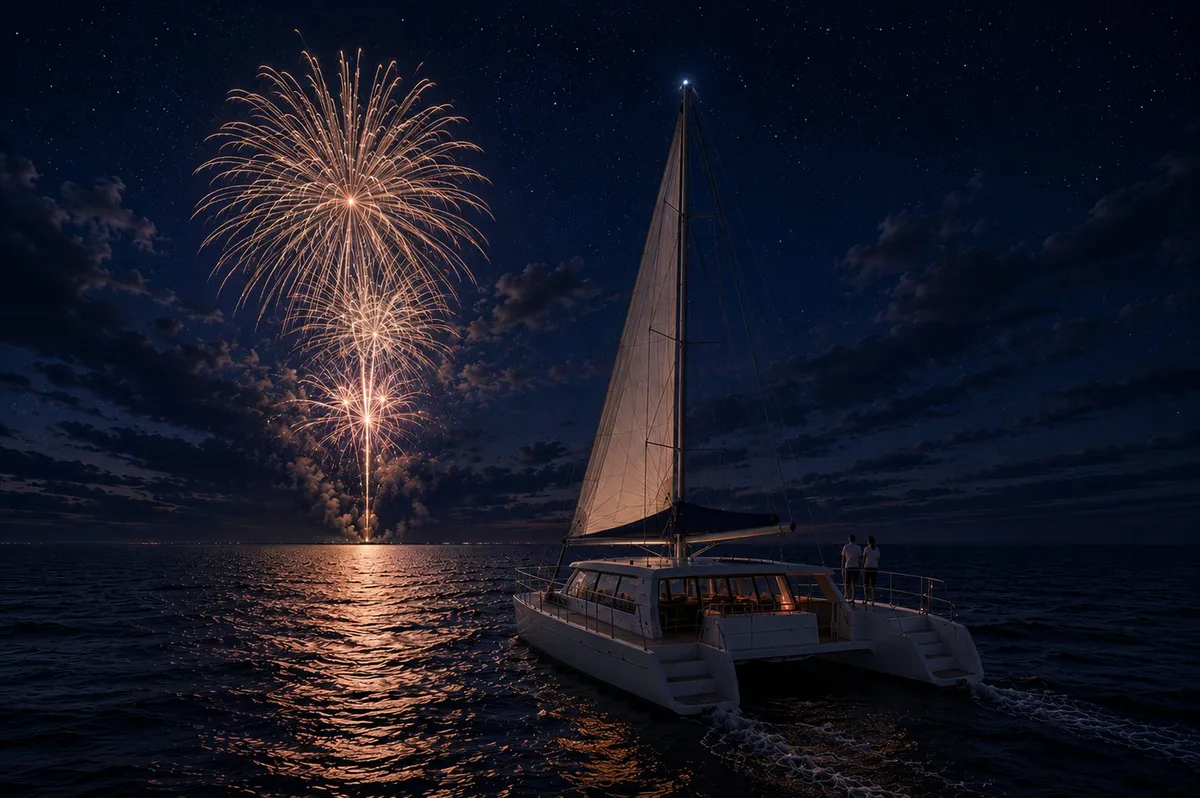 夜の海に浮かぶ船と夜空に広がる大きな花火