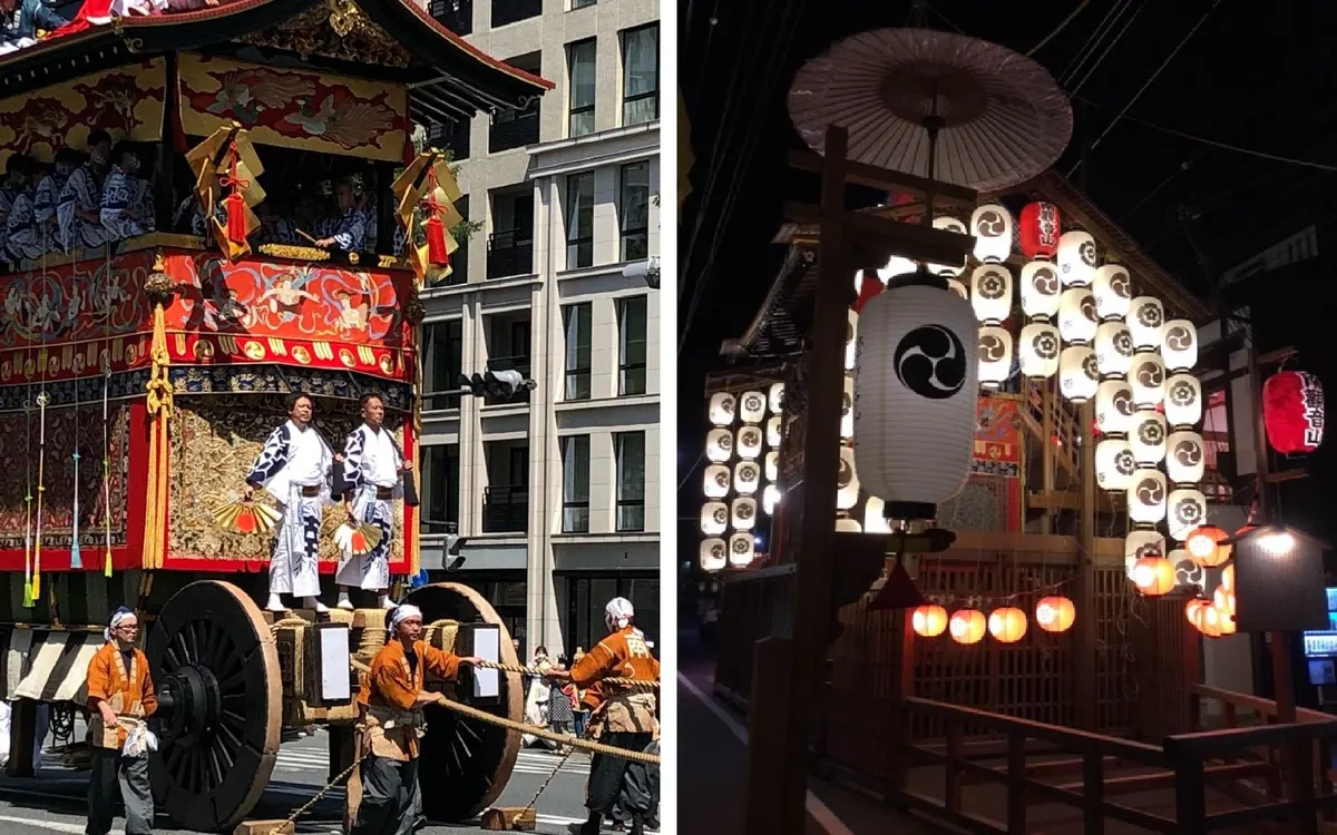 祇園祭の山鉾巡行と夜の提灯の様子